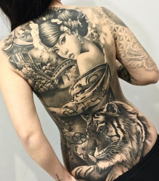 Cool Womens Face And Tiger Tattoo On Back