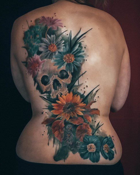 Coolest Womens Daisy Tattoos Back With Skull Design