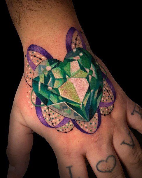 Coolest Womens Gem Tattoos Hand Green Heart With Purple Ribbon