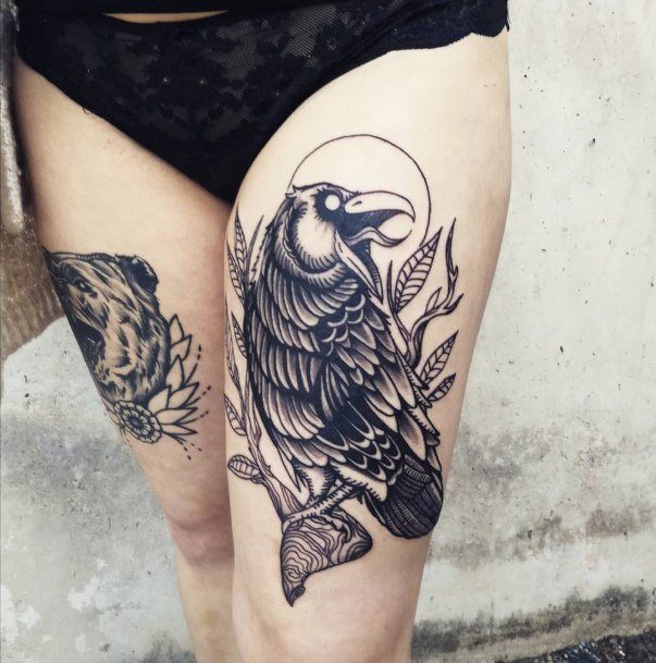 Coolest Womens Raven Tattoos Thighs Old School