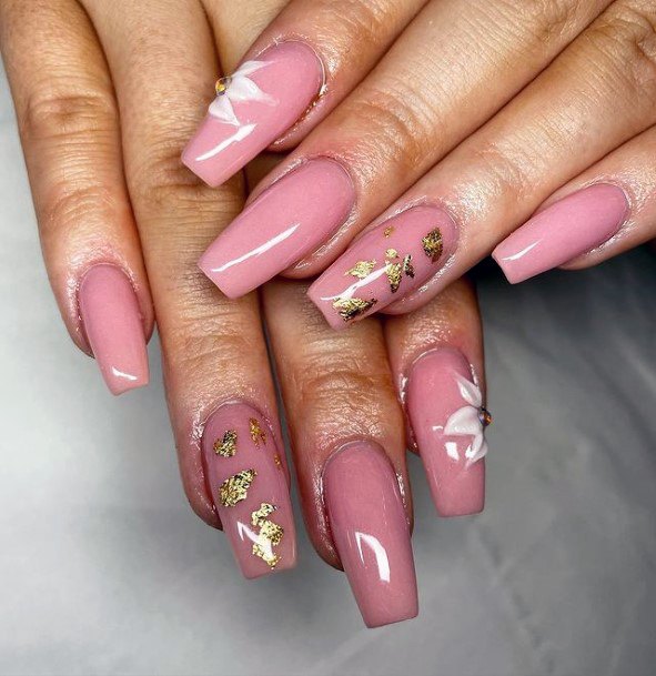 Coral Pink Nails Women 3d Flowers Gold