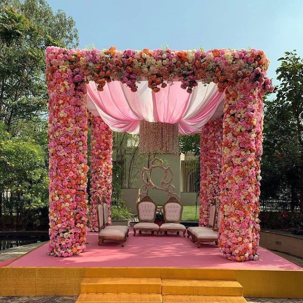 Coral Pink Themed Lotus Shaped Curtains Indian Wedding Flowers