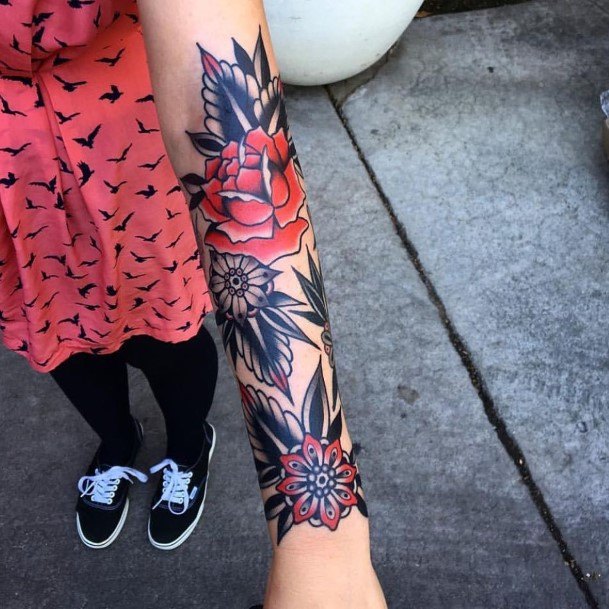 Coral Red Floral Tattoo Womens Sleeves