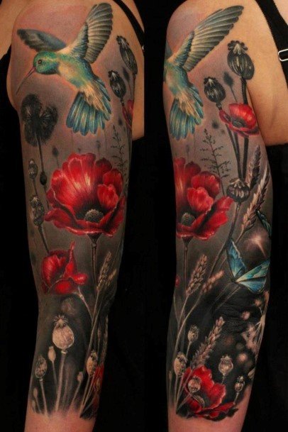 Coral Red Flowers Swaying In The Wind Tattoo Womens Arms