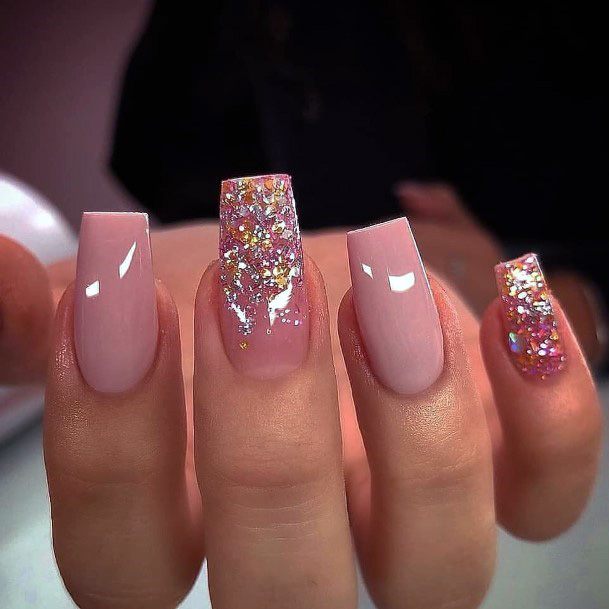 Coral Square Nails With Glitters For Women