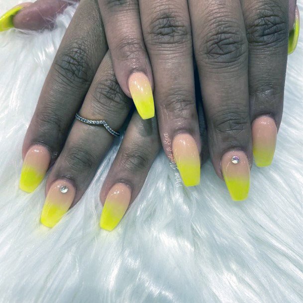 Coral Yellow Ombre Nails With Stone Women