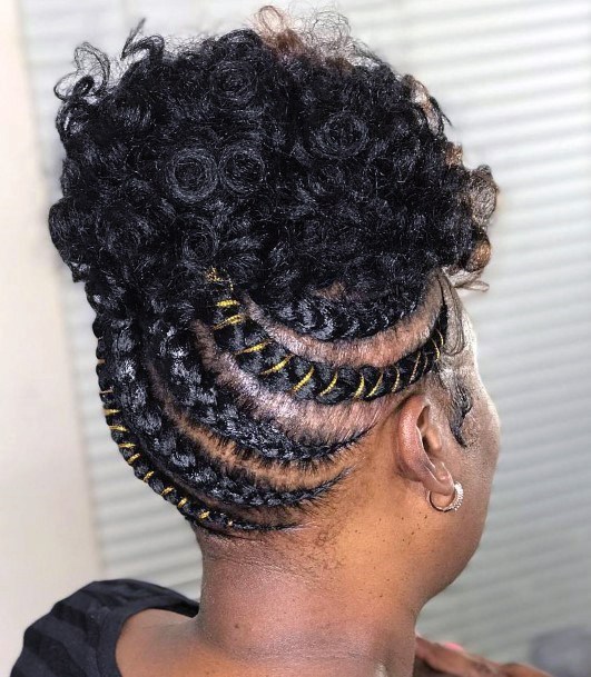 Cornrow Design Curly Bun Medium Length Hairstyles For Women Over 50