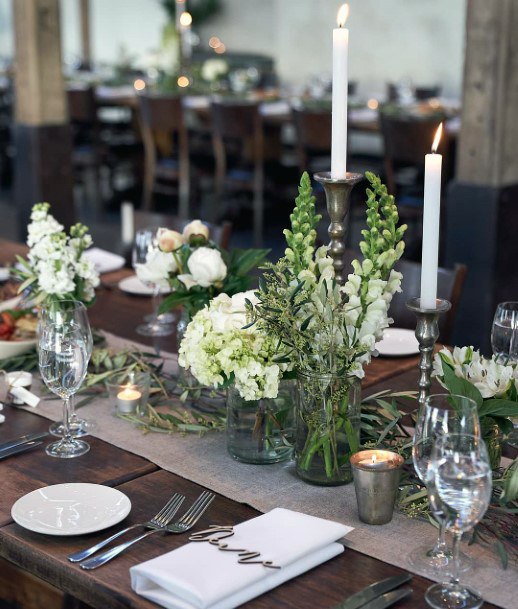 Country Wedding Ideas Burlap Table Runners With White And Green Florals