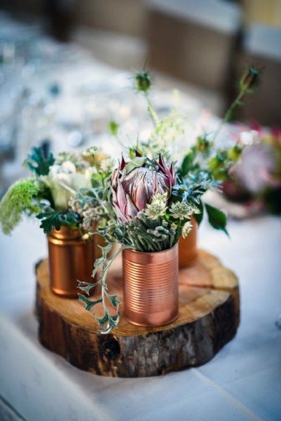 Country Wedding Ideas Rose Gold Cans With Beautiful Succulents Centerpiece Decor
