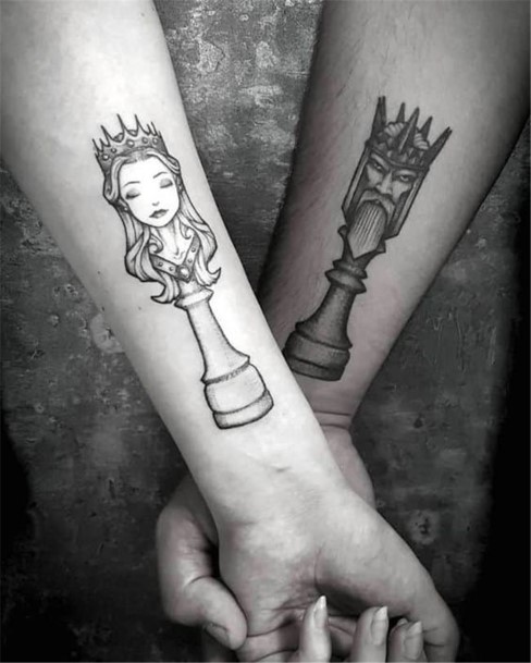 Couples Chess Piece Tattoo Forearms