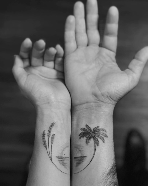 Couples Palm And Seashore Tattoo Wrists