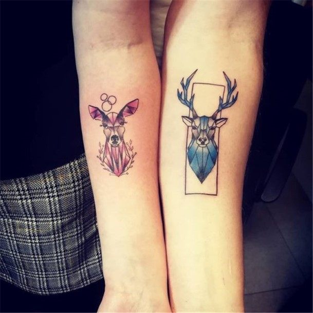 Couples Pink And Blue Love Beast Tattoo Arms