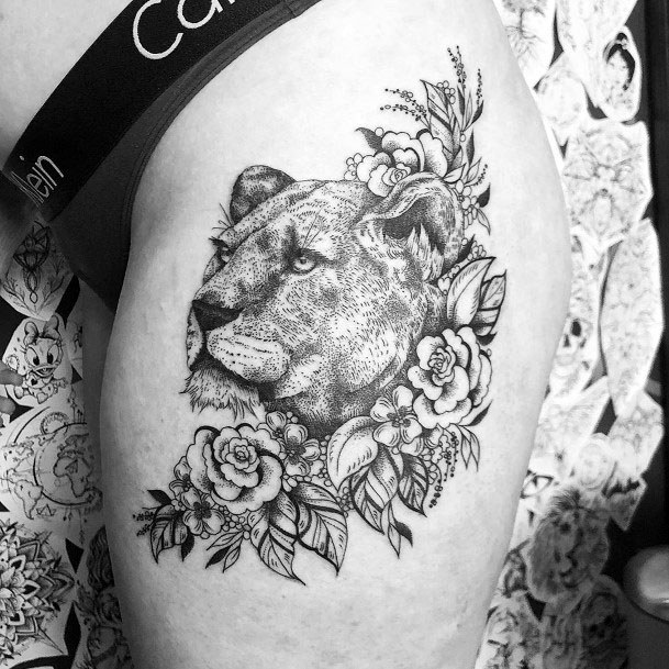 Courtly Lion Tattoo Womens Legs