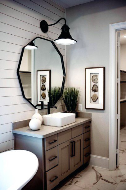 Cozy Wood Toned Vanity With White Shiplap Wall Bathroom Cabinet Ideas