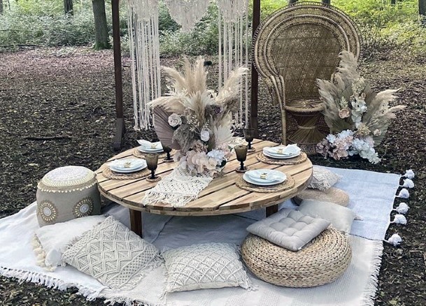 Cream And White Toned Boho Outdoor Wedding Decor