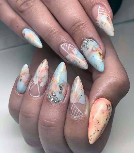 Creamy Marble Art Orange And Blue Nails For Women