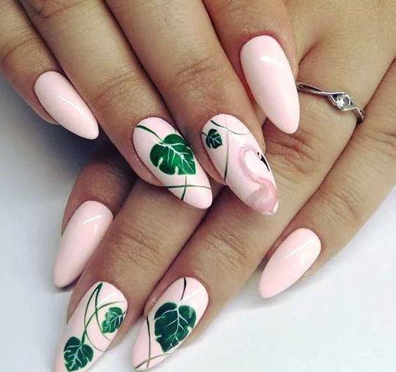 Creamy Pink Nails With Green Leaf Art And Flamingo Women