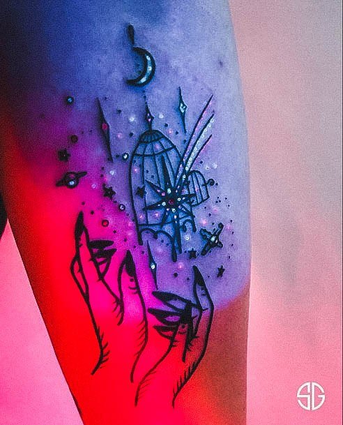 Creative Glow In The Dark Tattoo Designs For Women Bird Cage