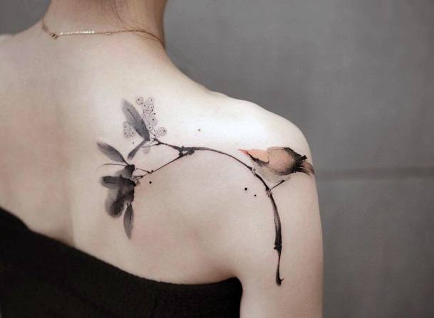 Creative Good Tattoo Designs For Women Watercolor Bird Branch Shoulder