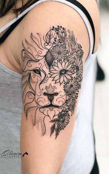 Creative Lion Tattoo With Flowers Women Arms
