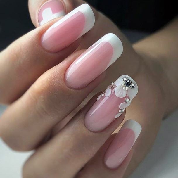 Creative White With Rhinestones Nail Designs For Women