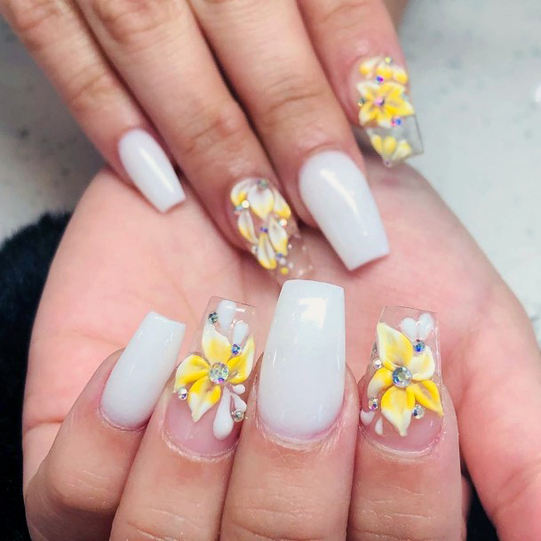 Creative Yellow Flowers On Transparent Nails