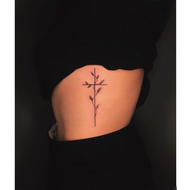 Creeping Buds On Cross Tattoo Womens Torso