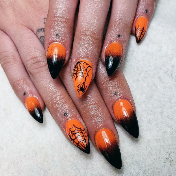 Creepy Halloween Spiderweb Orange And Black Nail Ideas For Women