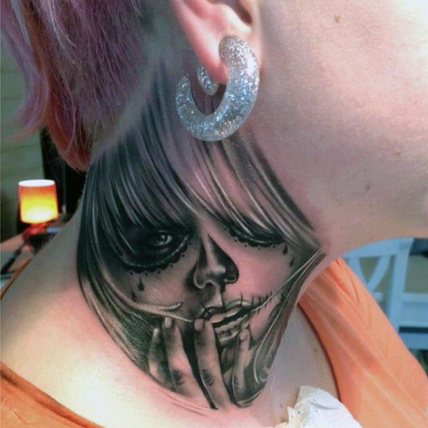 Creepy Womens Face Tattoo On Neck