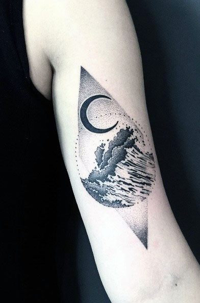 Crescent And Grey Waves Tattoo Womens Arms