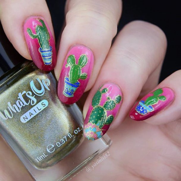 Crimson Pink Nails With Cactus Women