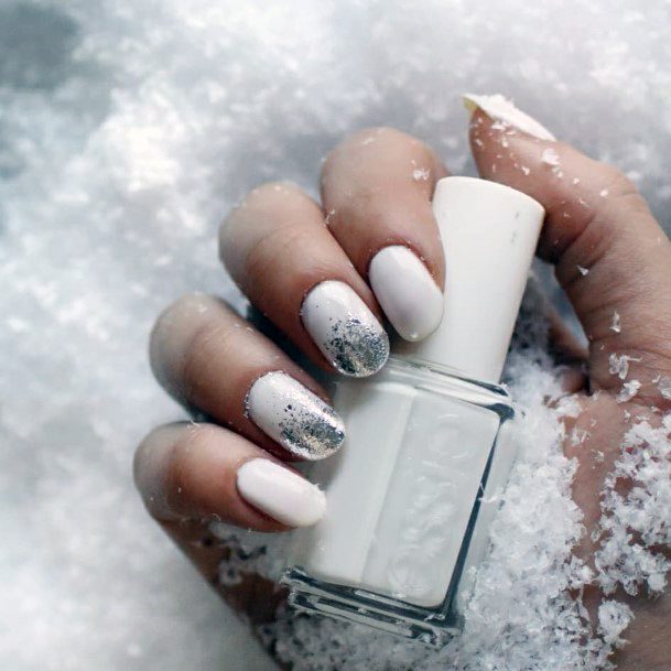 Crisp White Snow Nails With Silver Foil Effect Women