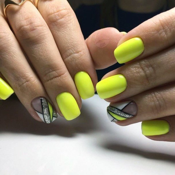 Criss Cross Silver Design With Neon Yellow Nails Women