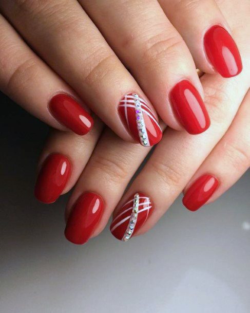 Criss Cross White Crystal Art On Red Nails Women