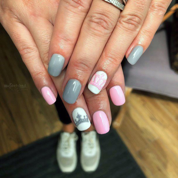 Crown Design Pink And Grey Nails For Women