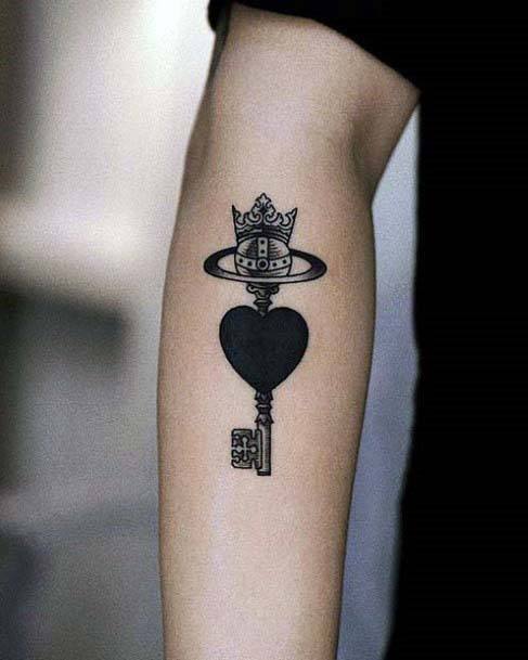 Crown Key With Black Heart Tattoo Womens Arms