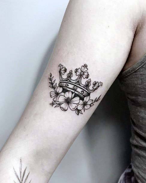 Crown With Gems And Flowers Tattoo Women