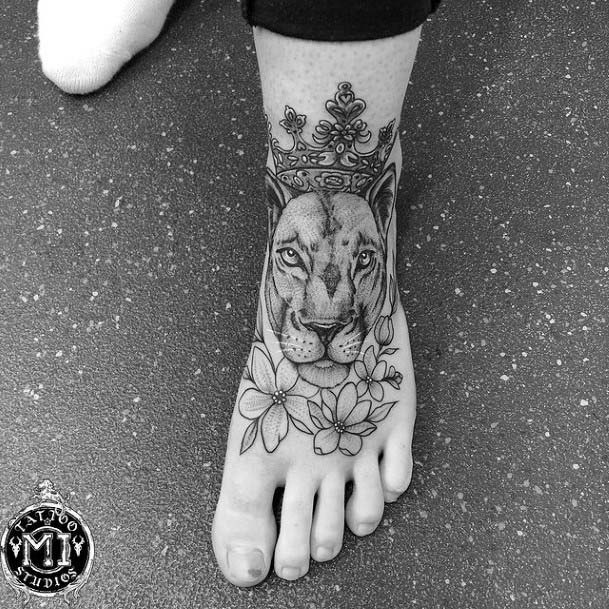 Crowned Lion And Floral Tattoo Womens Feet