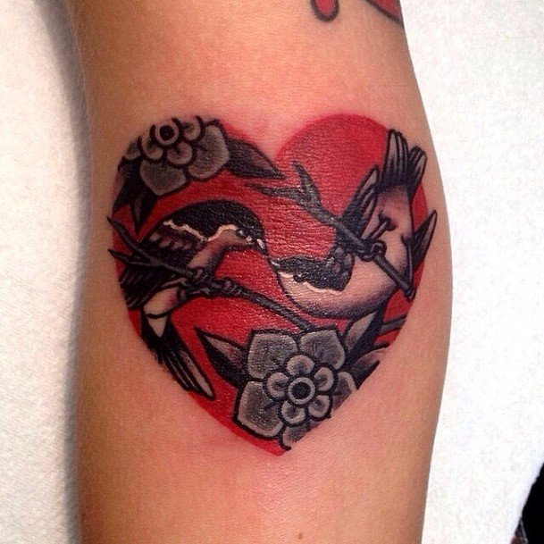 Crows In Love Red Heart Tattoo Womens Calves