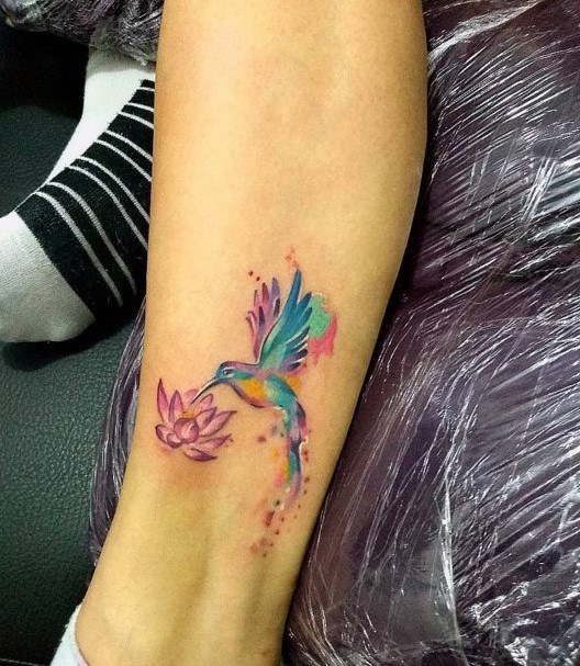 Crysatlline Lotus And Blue Hummingbird Tattoo Womens Hands