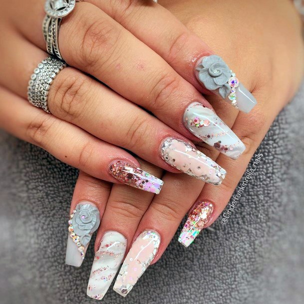 Crystals On Pink And Grey Rose Nails For Women