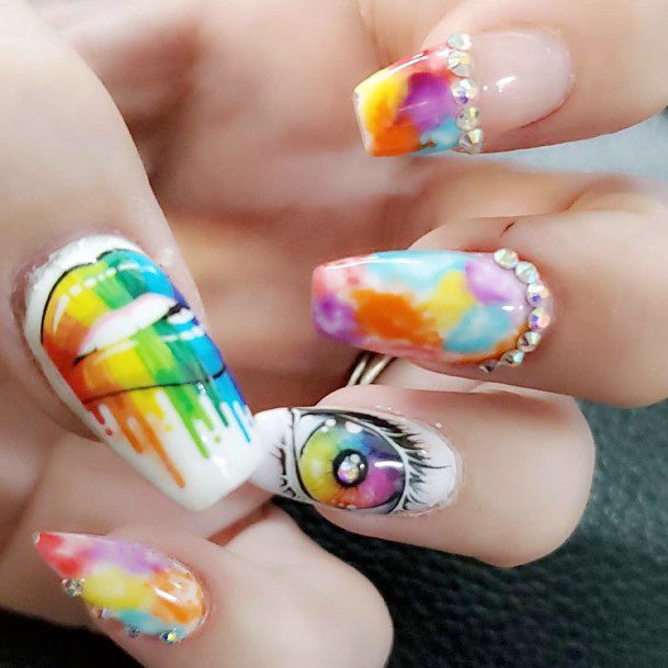 Crystals On Rainbow Colorful Nail Ideas For Women