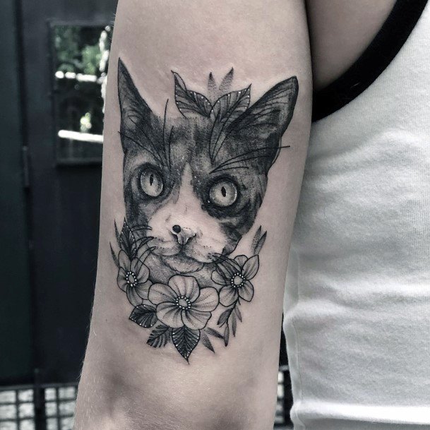 Curious Cat With Flowers Tattoo For Women Arms