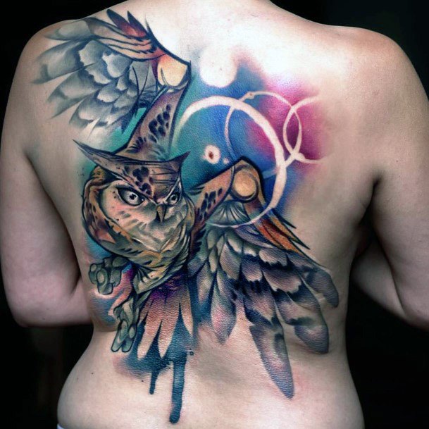 Curious Owl Tattoo Colored Womens Back