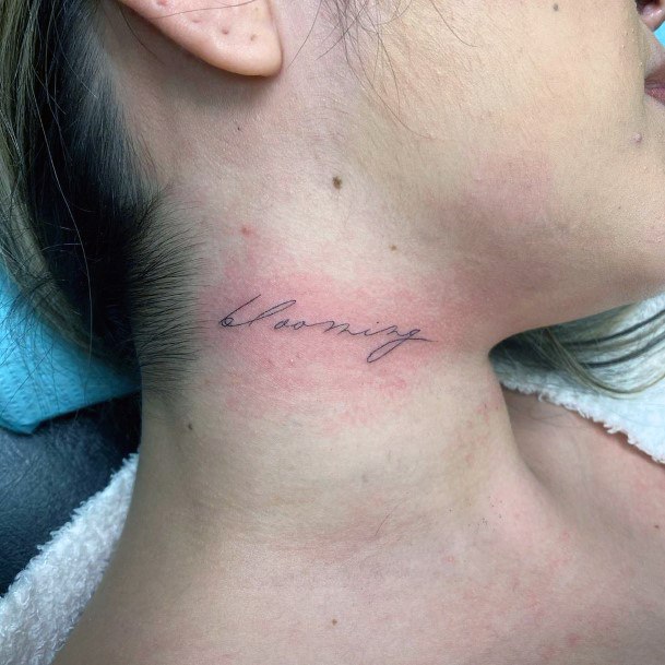 Cursive Writing Womens Neck Tattoo