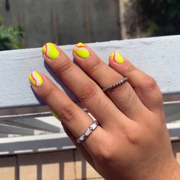 Curved Art On Neon Yellow Nails Women