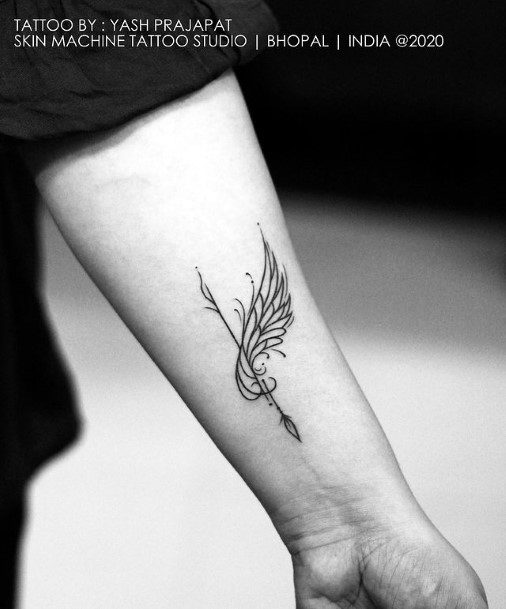 Curved Feather And Arrow Tattoo Womens Hands