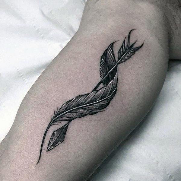 Curved Feather Tattoo And Arrow Arms