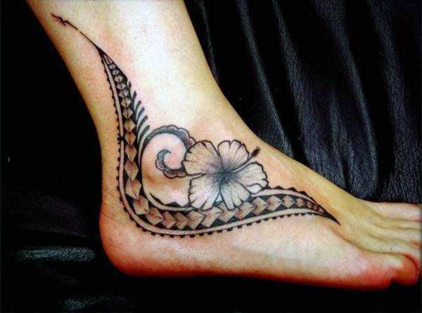 Curved Tribal Tattoo With Florals Womens Foot