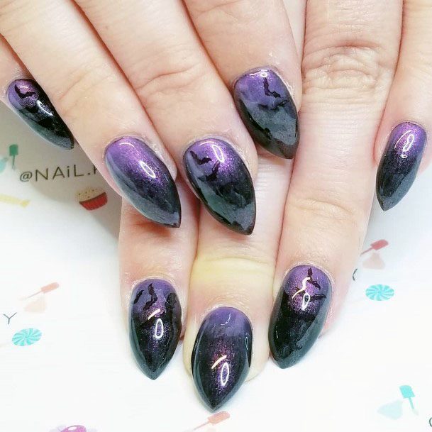 Cute Adorable Halloween Bat Black And Purple Almond Styl Design Nail For Girls